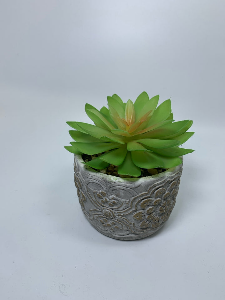 EMBOSSED FLORAL PLANTER W/ FAUX SUCCULENT.