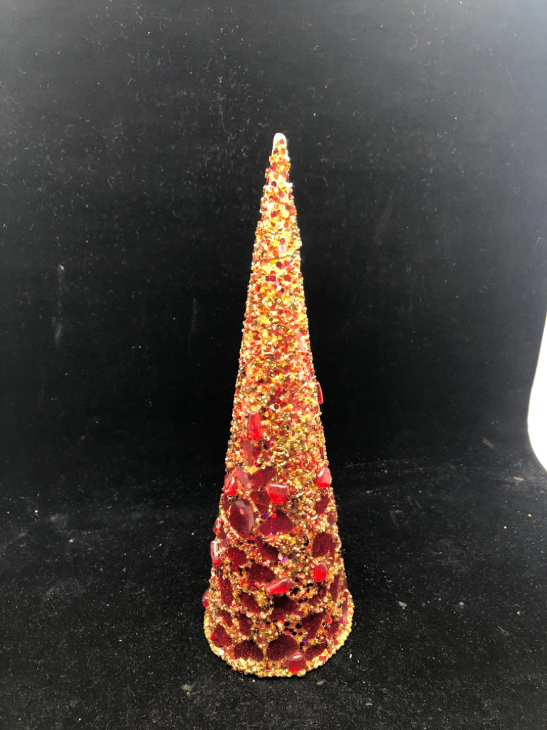 RED/GOLD GLITTER CONE CHRISTMAS TREE.