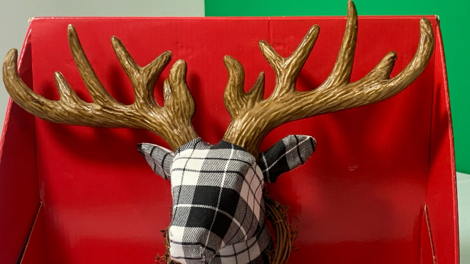 NIP REINDEER TREE TOPPER B/W PLAID.