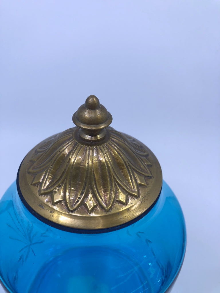BLUE ETCHED GLASS CANISTER W METAL LID.
