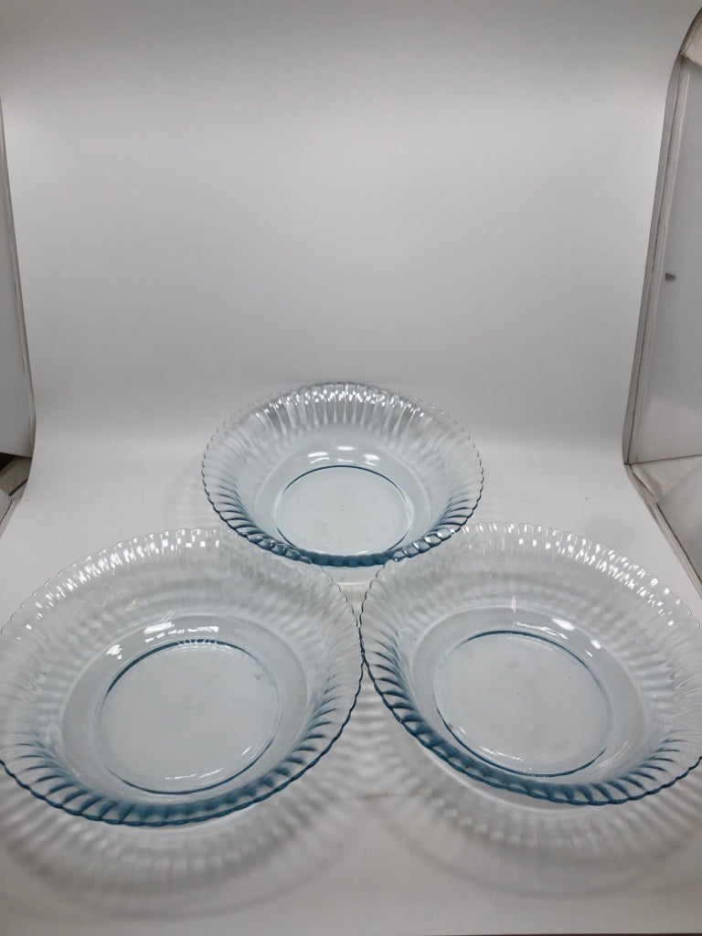 3 LT BLUE GLASS BOWLS W/RUFFLED EDGE.