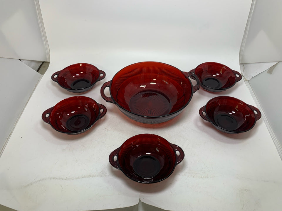 6 PC VTG RUBY RED BERRY BOWLS W/ HANDLES .