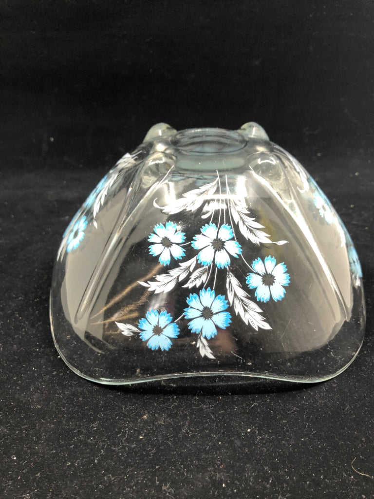 FOOTED GLASS BLUE FLOWERS BOWL.