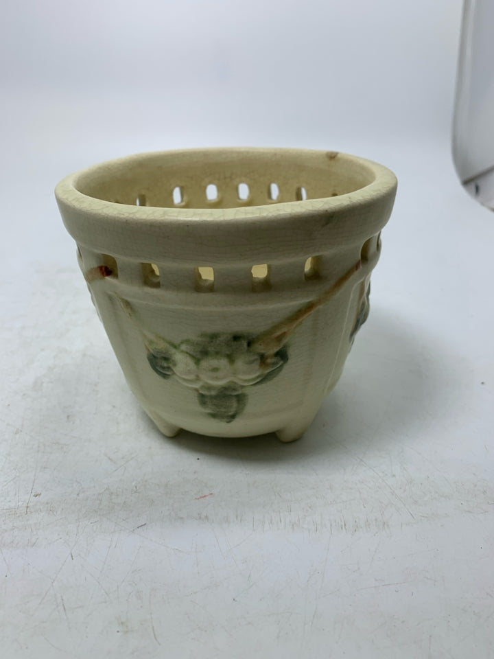VTG CRACKLE SMALL PLANTER W/ EMBOSSED BERRIES PIERCED.