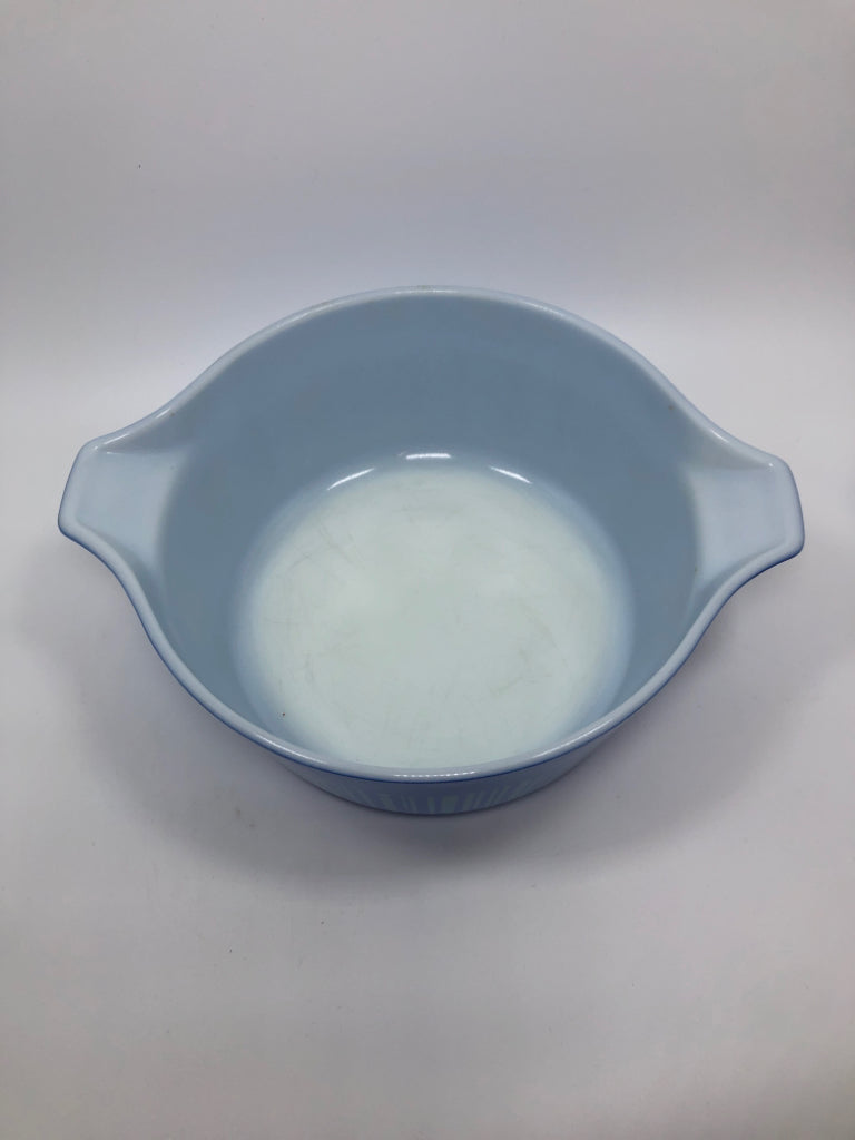 VTG "BARCODE" BLUE STRIPE CASSEROLE DISH - PYREX.
