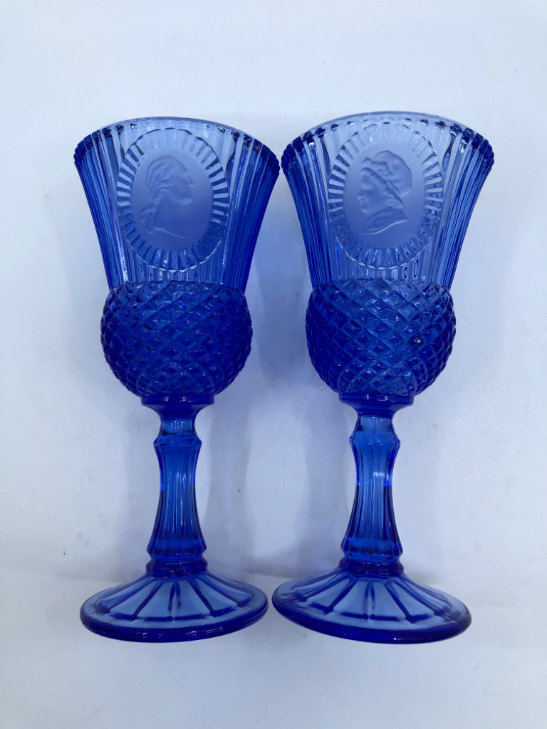 2 DARK BLUE WASHINGTON RIBBED WINE GLASSES.