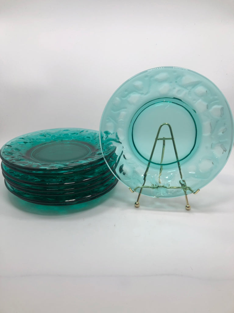 8PC TEAL GLASS PLATES.
