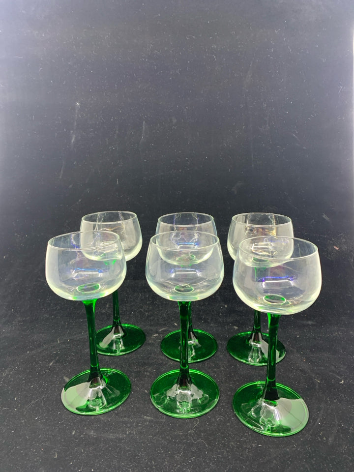 6 GREEN STEM WINE GLASSES.