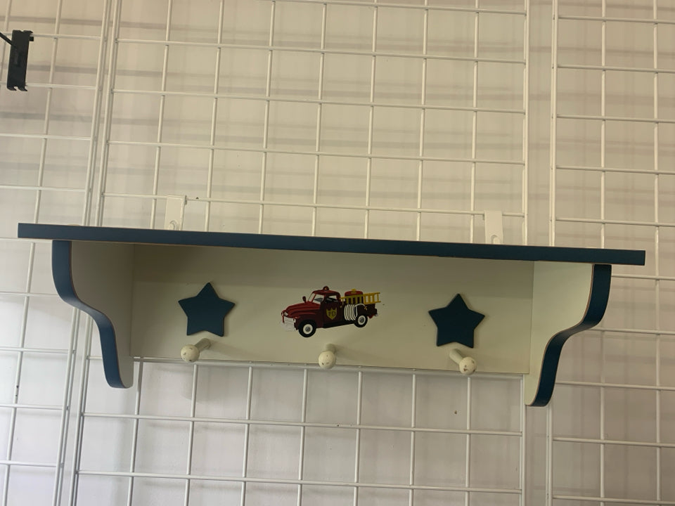 CREAM AND BLUE W FIRE TRUCK WALL SHELF.