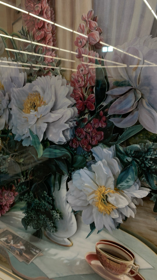 FLOWER BOUQUET PAPER CUTOUT IN GREEN SHADOWBOX FRAME.