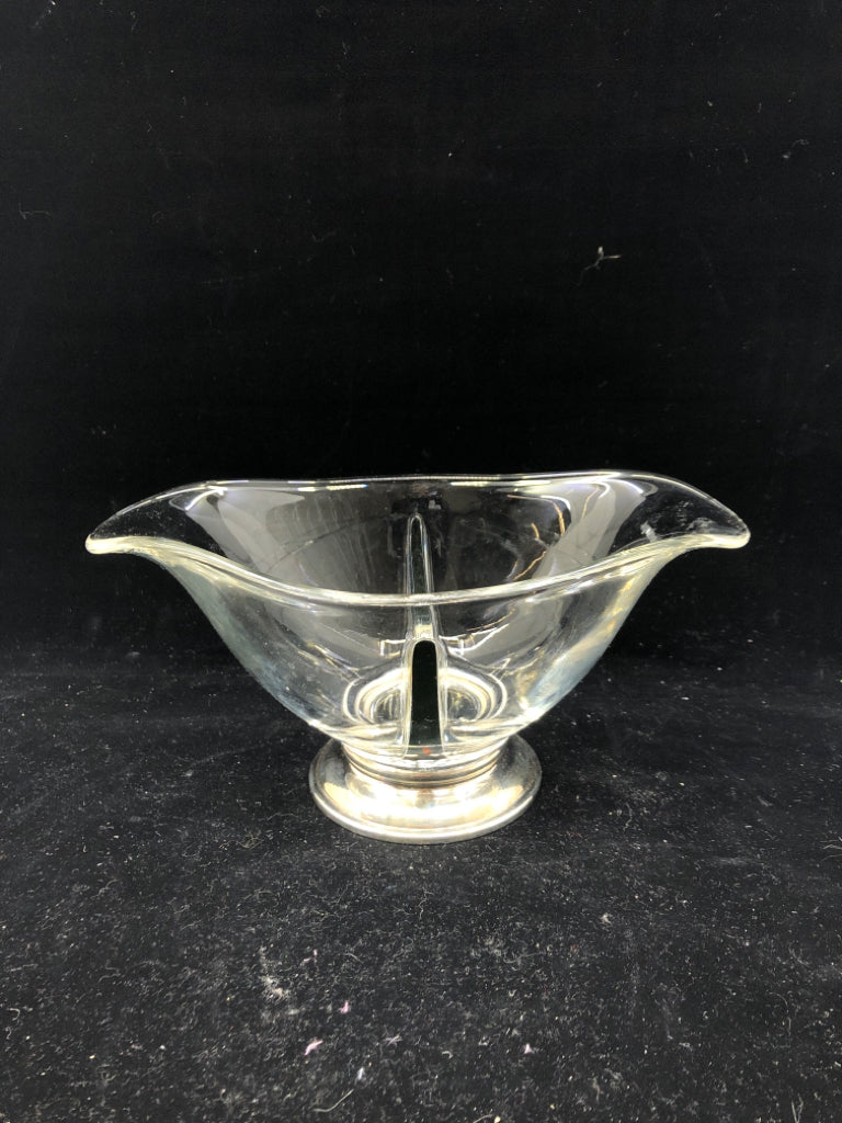 FOOTED DIVIDED GLASS DISH W METAL BOTTOM.