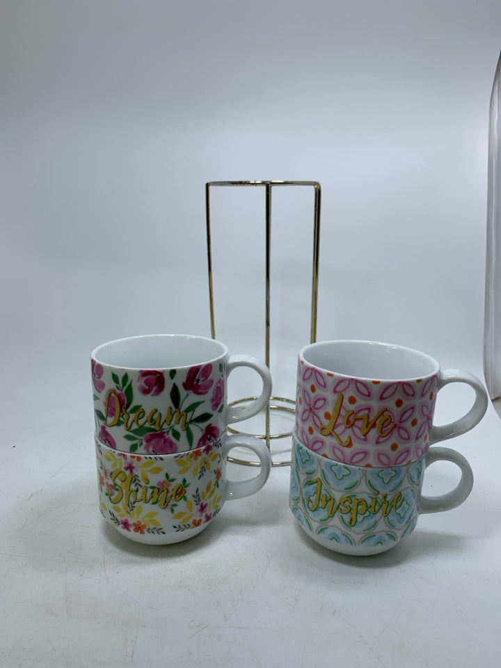 4 STACKING FLORAL W/ WORDS IN STAND.