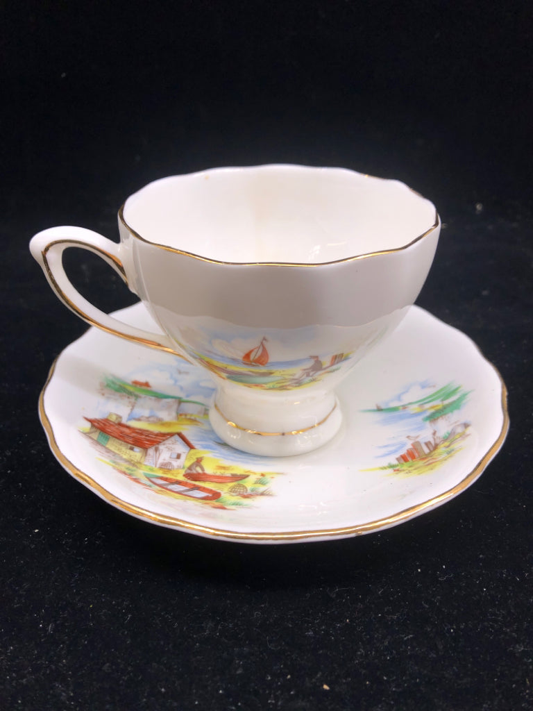BEACH W SAILBOAT SCENE TEACUP AND SAUCER.