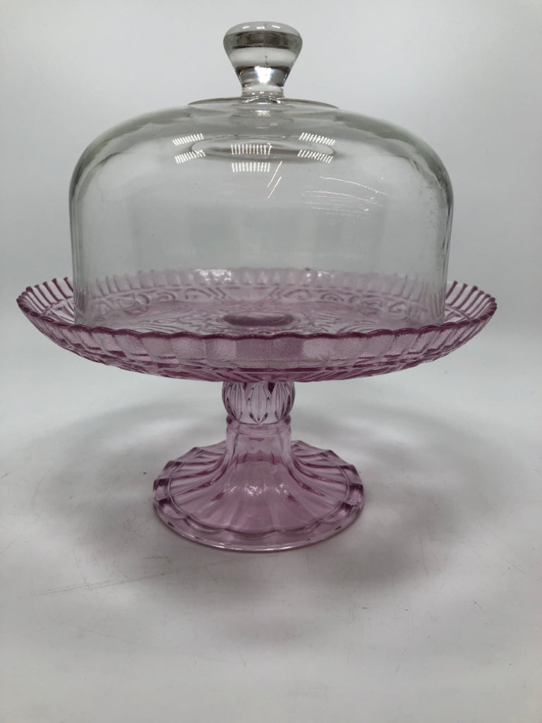 PINK GLASS DESERT STAND W/DOME.