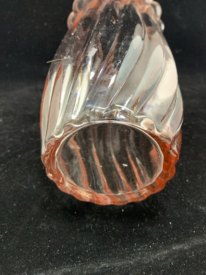 PINK RIBBED GLASS VASE.