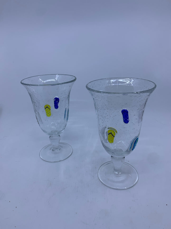 2 BLOWN GLASS GOBLETS W/ EMBOSSED FLIP FLOPS + BUBBLES.