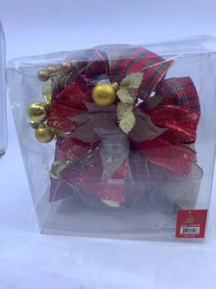BURLAP RED PLAID POINSETTIA BOW TREE TOPPER.