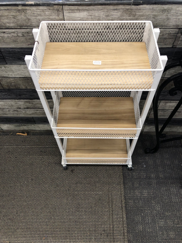 WHITE WIRE CART ON WHEELS W/WOOD SHELVES RGI HOME.