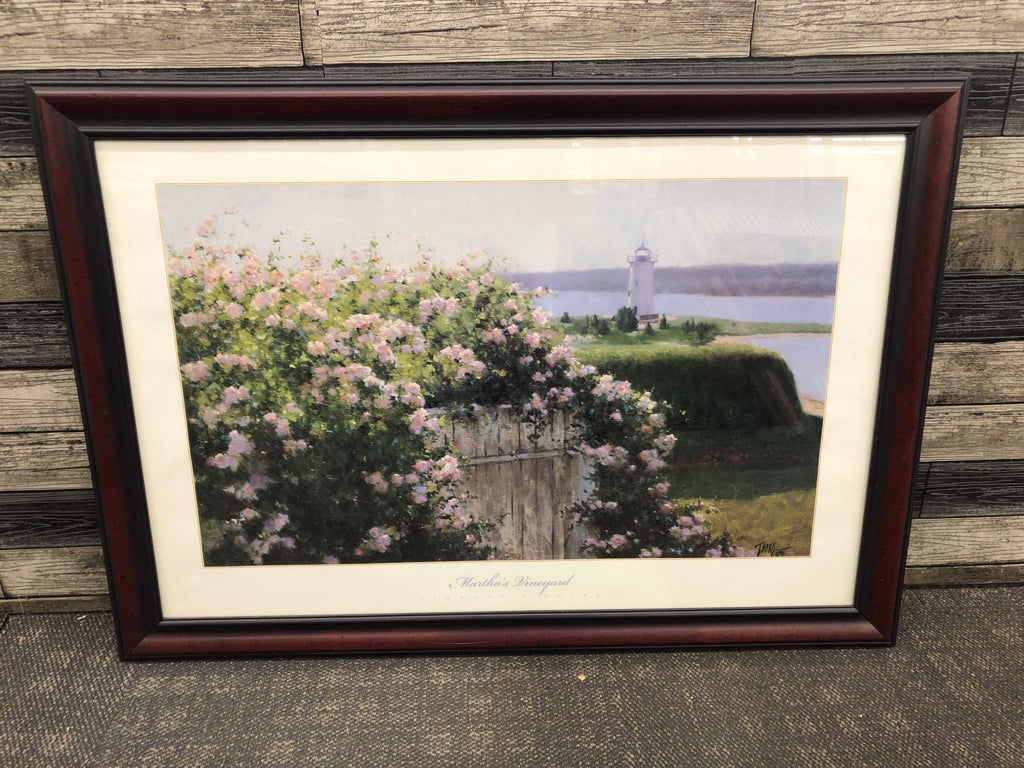 LARGE MARTHA'S VINEYARD FLORAL AND LIGHTHOUSE FRAMED PRINT.