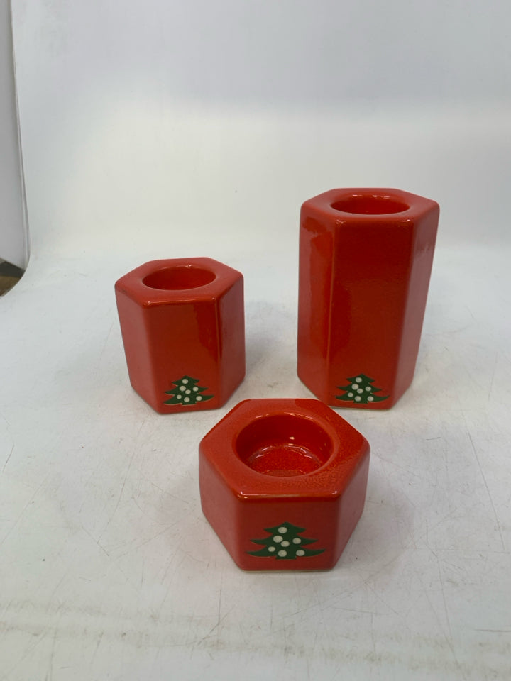 3 WAECHTERSBACH CHRISTMAS TREE RED CERAMIC TEA LIGHT HOLDERS HEXAGON SHAPE.