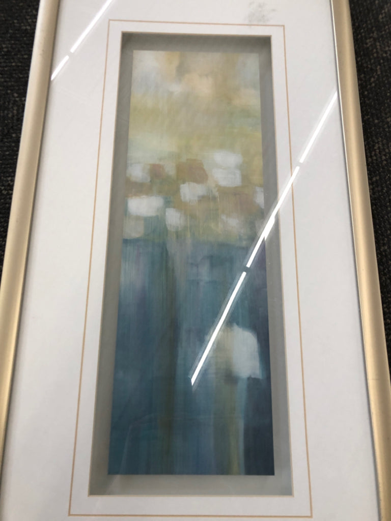 WATER COLOR ABSTRACT FLORAL WALL ART IN SILVER FRAME.