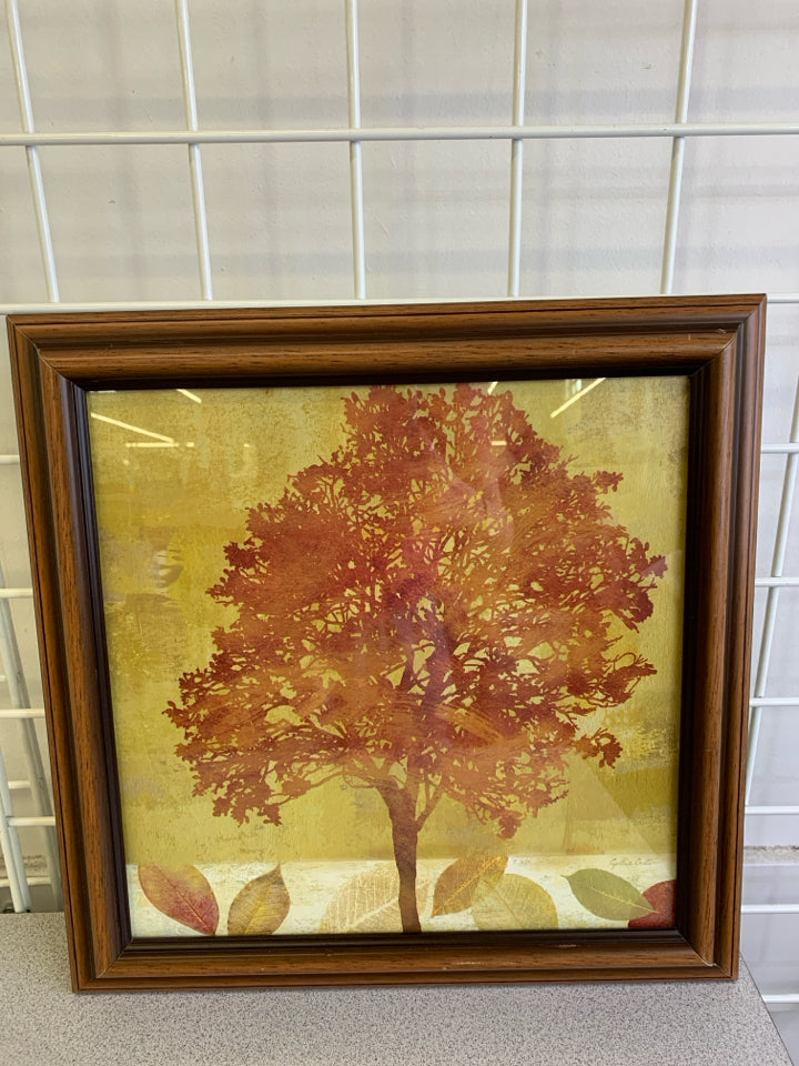 ORANGE LEAF W FAUX WOOD FRAME WALL ART.