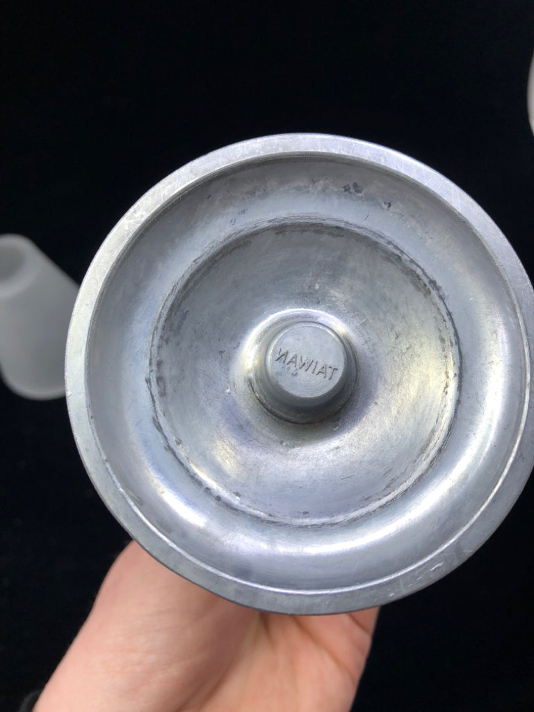 SILVER WITH WHITE FROSTED GLASS SHADE TEA LIGHT HOLDER.