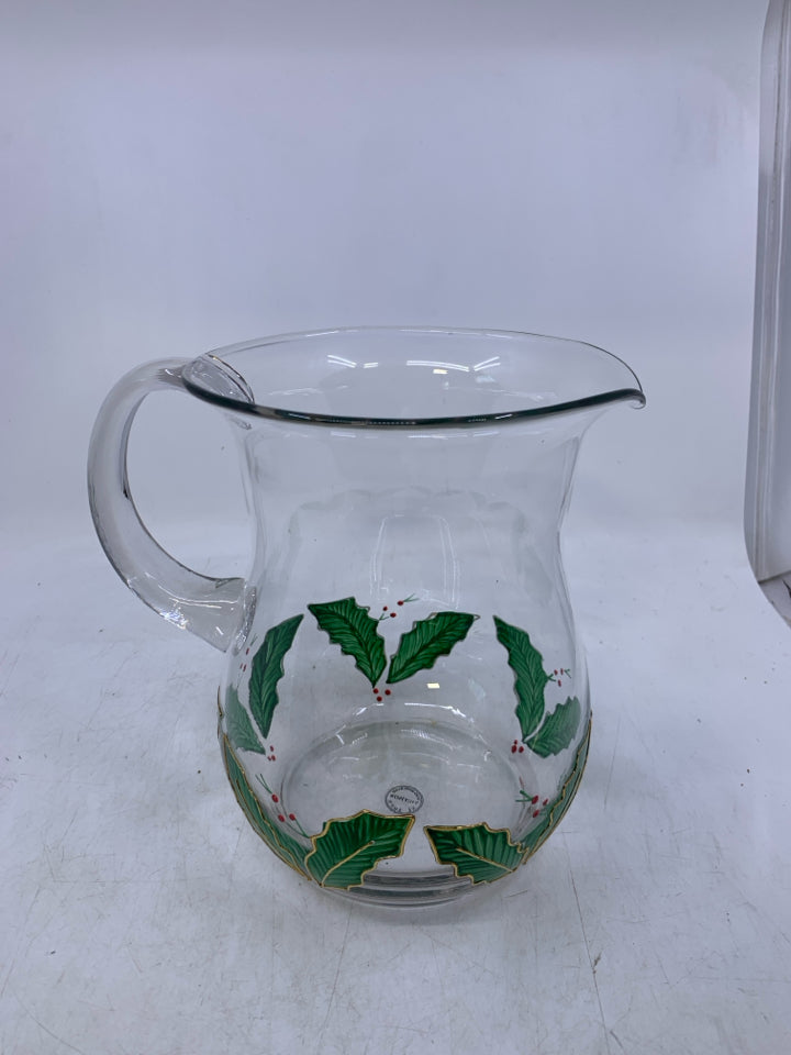CLEAR GLASS PITCHER W/ PAINTED MISTLETOE.