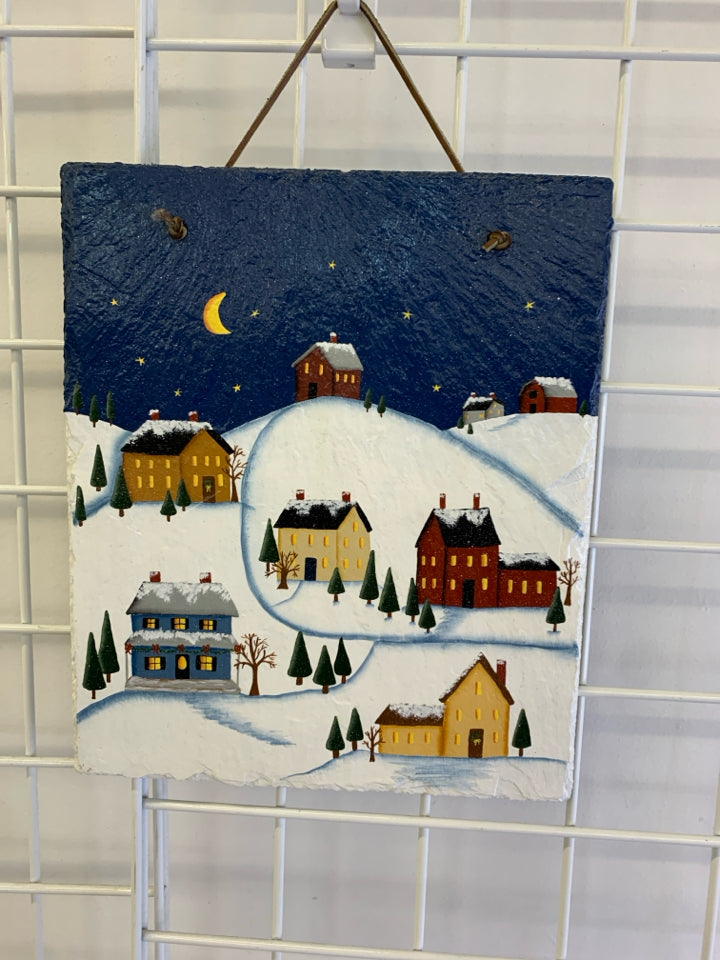 SNOW COVERED HOUSES AT NIGHT HANGING SLATE.