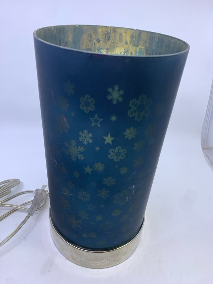 GLASS CYLINDER LAMP FROSTED BLUE W/ SNOW FLAKES.