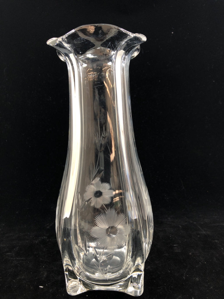 CUT GLASS RUFFLE VASE W/ETCHED FLOWERS.