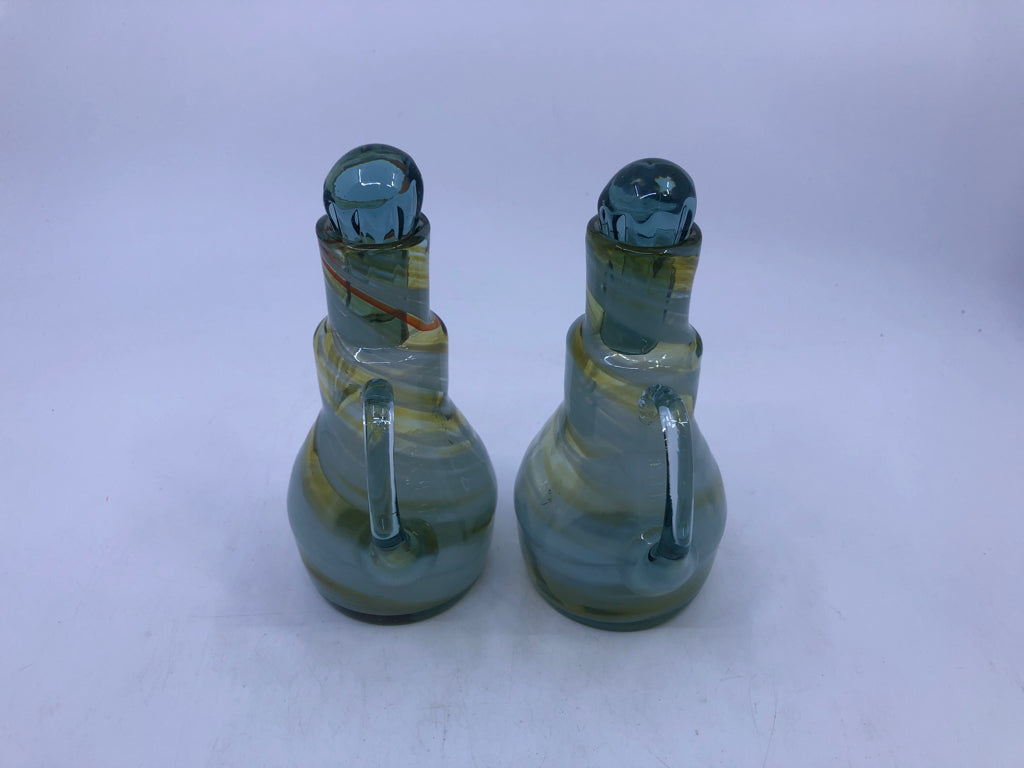 2 VTG BLOWN GLASS SWIRLED GREEN/WHITE OIL/VINEGAR BOTTLES.