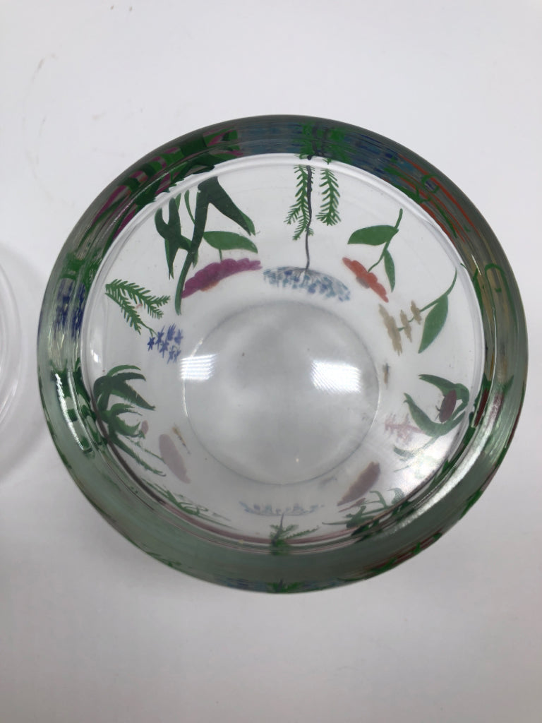 CLEAR JAR W/ PAINTED FLOWERS AND BEES.
