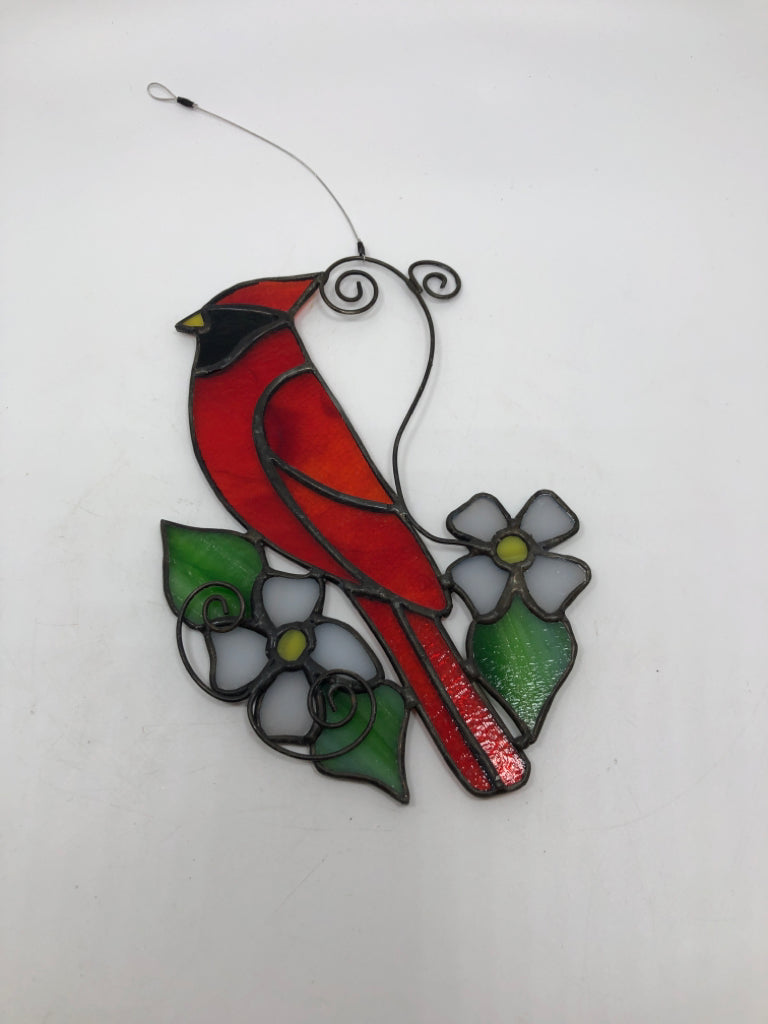 STAINED GLASS CARDINAL HANGING.