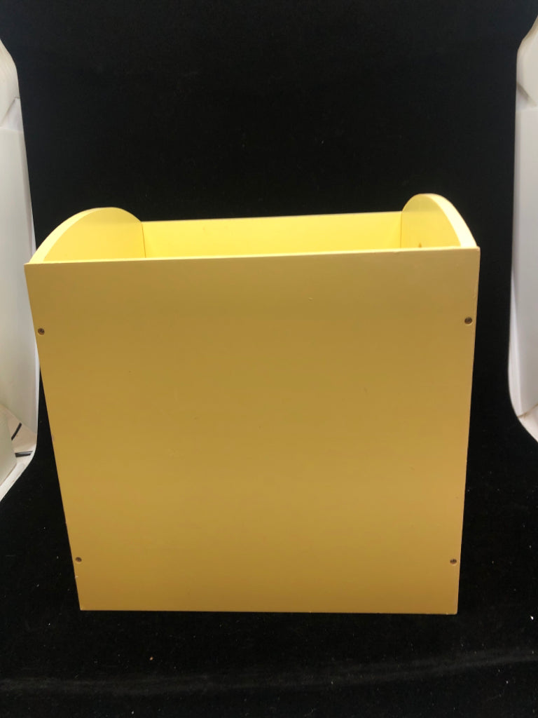 YELLOW WOODEN BIN W/HEART CUT OUT.