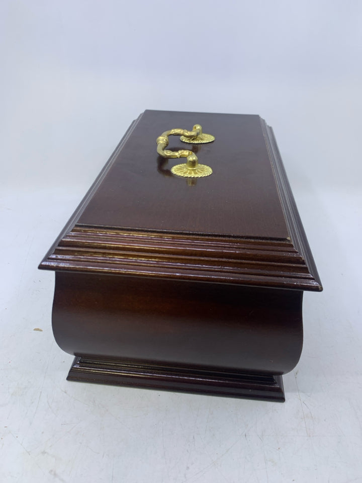 DARK BROWN WOOD W/ GREEN FELT LOCKS W/ KEY GOLD METAL HARDWARE.