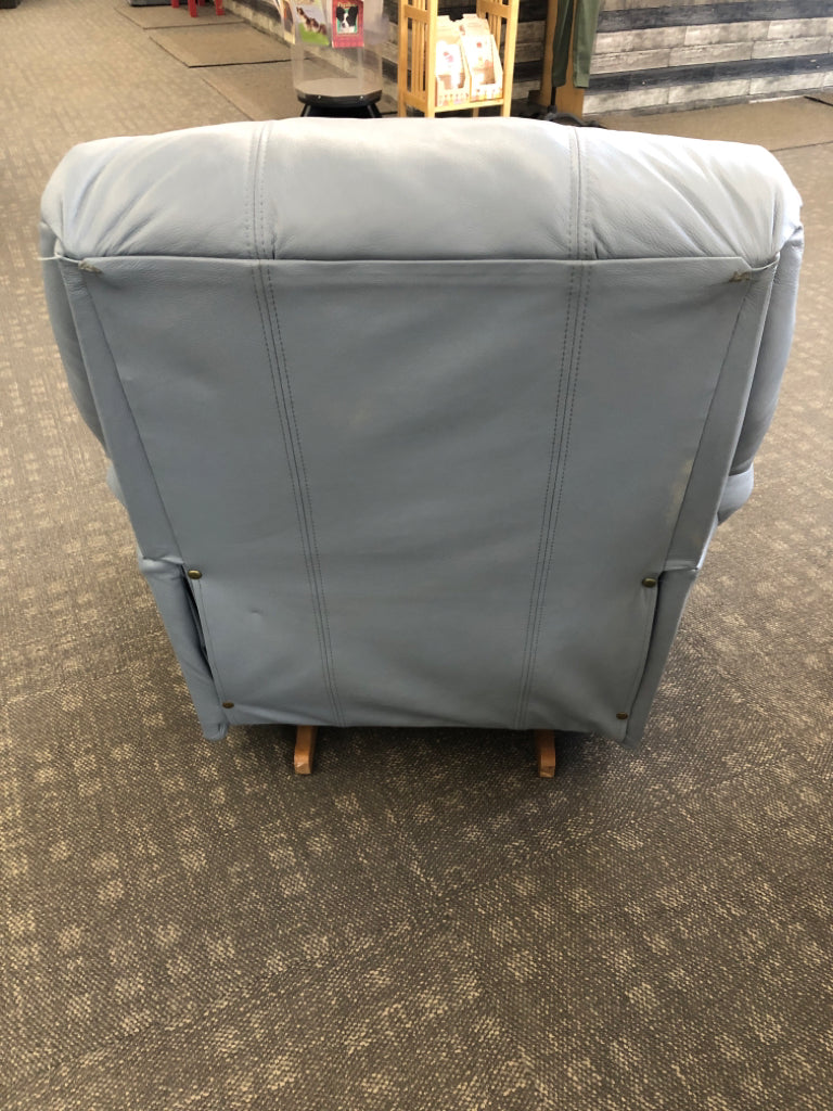 LIGHT BLUE LEATHER ROCKER RECLINER.