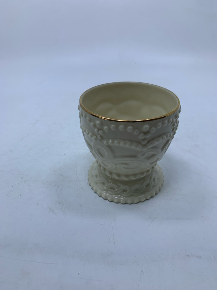 FOOTED BEADED TEALIGHT HOLDER W/ GOLD RIM.