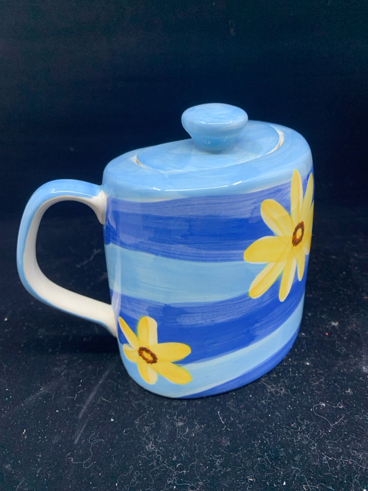 4 PC HERMAN DODGE & SON TEAPOT,CUP+SAUCER, CREAMER, PLATE- BLUE W/ YELLOW FLOWER