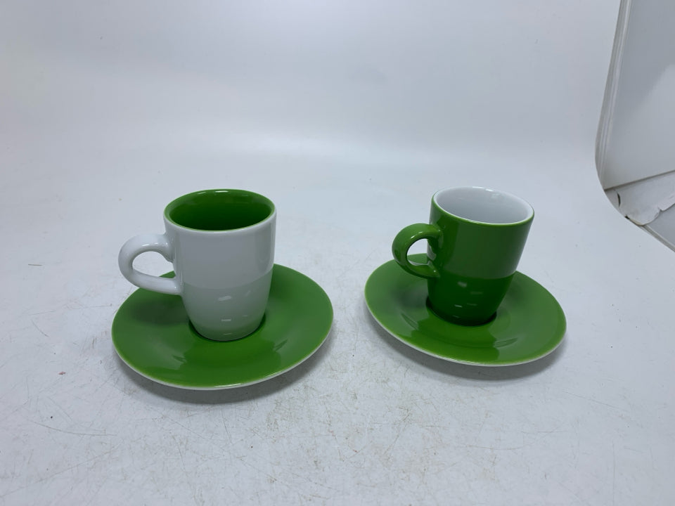 4 PC SVC 2 GREEN/WHITE ESPRESSO CUP/SAUCERS.