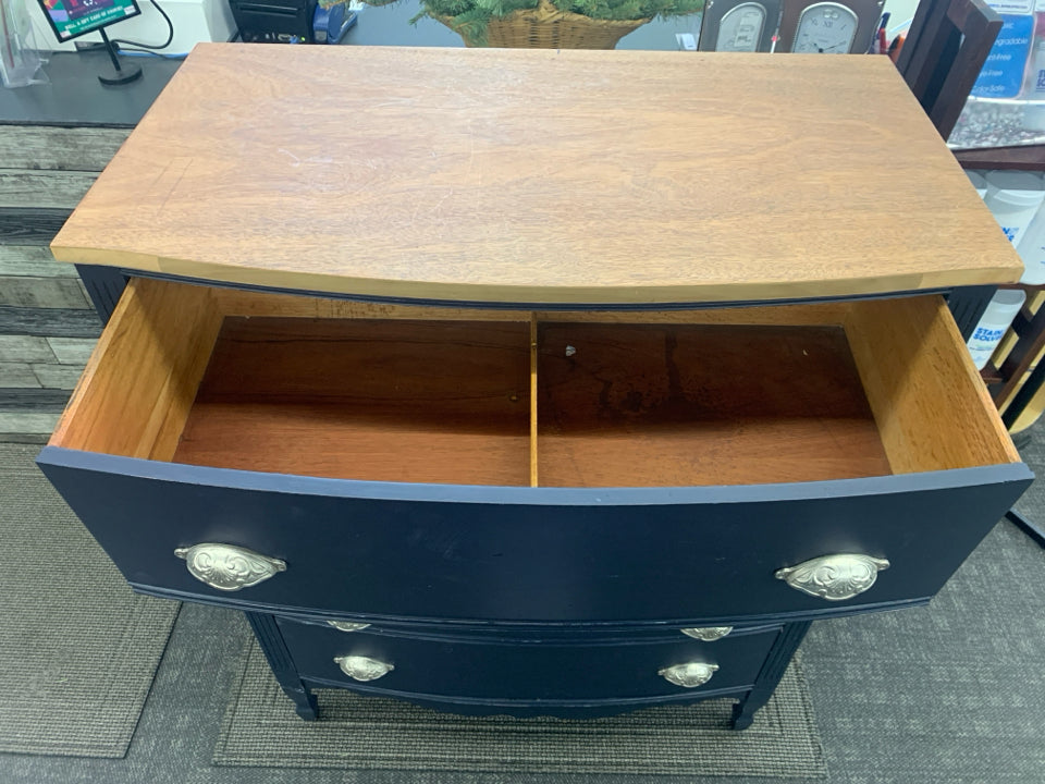 DARK BLUE DRESSER W/WOOD TOP 4 DRAWERS.