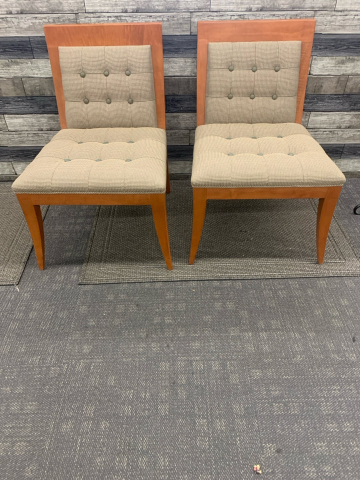 2 WOOD BASE ACCENT CHAIRS W GREEN AND CREAM PADDING.