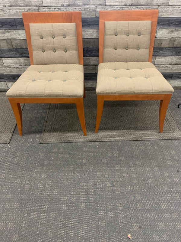 2 WOOD BASE ACCENT CHAIRS W GREEN AND CREAM PADDING.