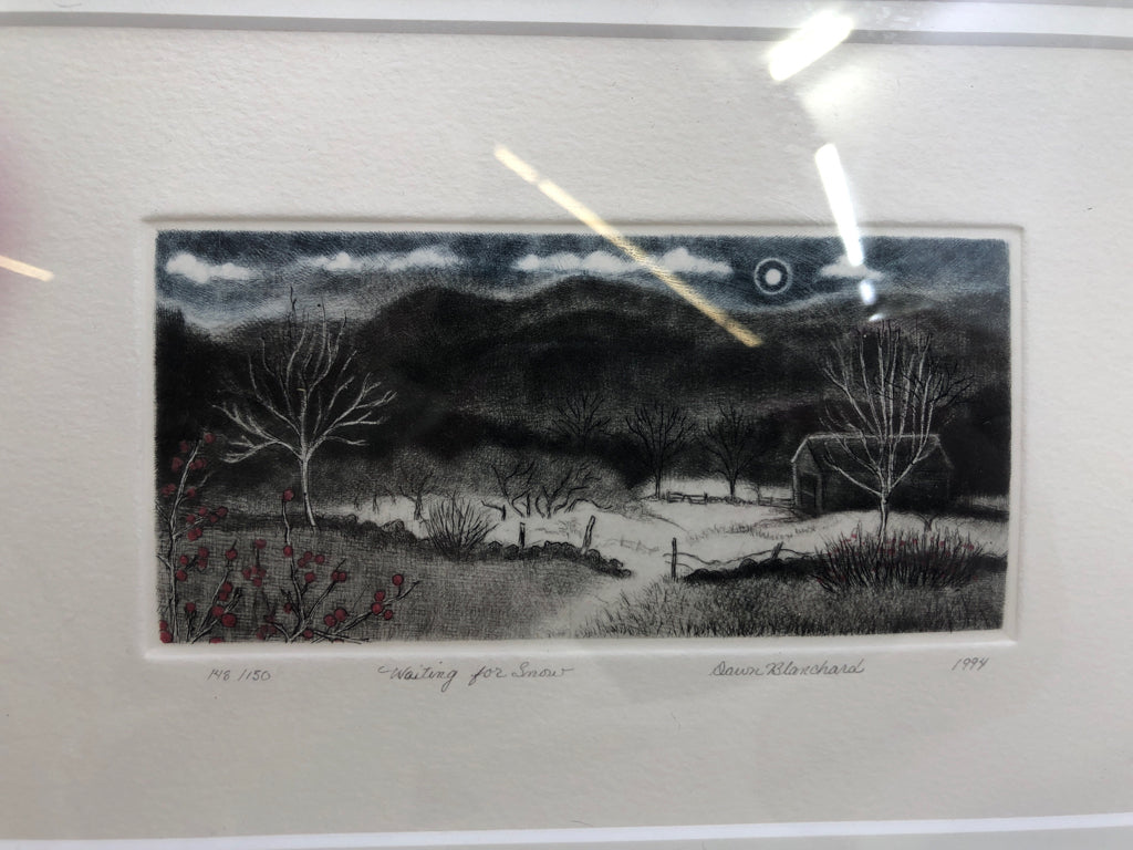 MEZZOTINT BARN IN THE WINTER "WAITING FOR SNOW" WALL ART.