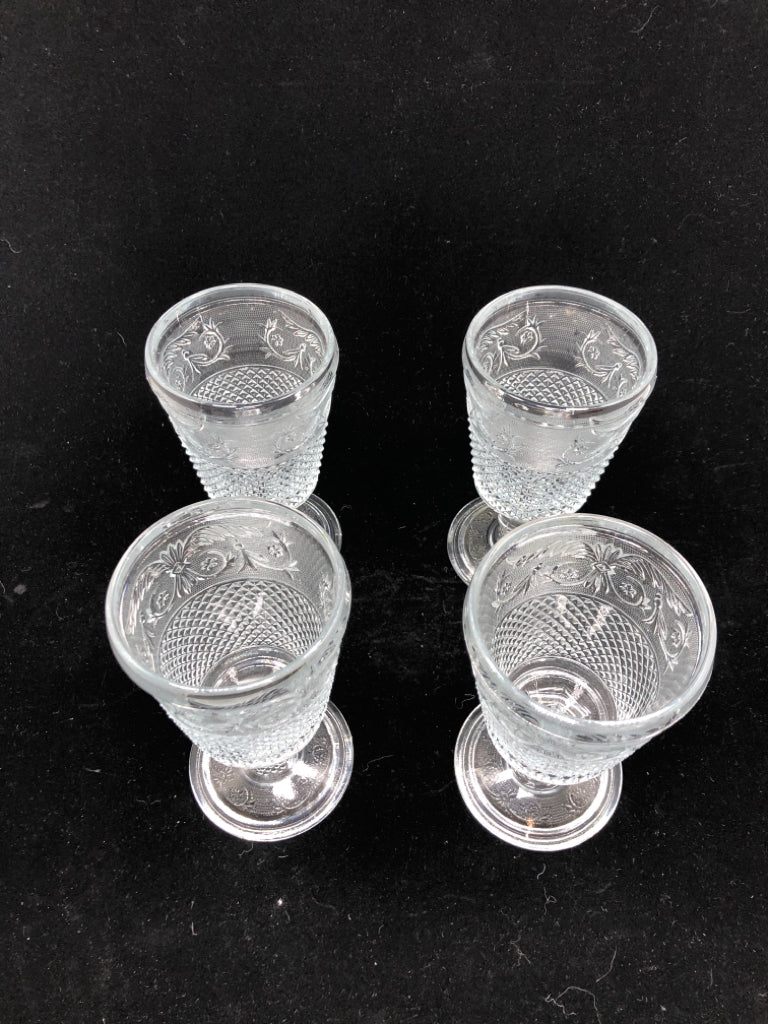 4 VTG DIAMOND POINT CUT GLASS WATER GOBLETS.