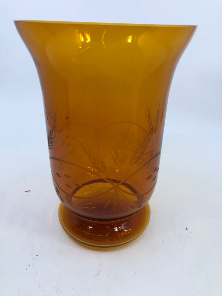 AMBER GLASS VASE W/ETCHED WHEAT DESIGN.