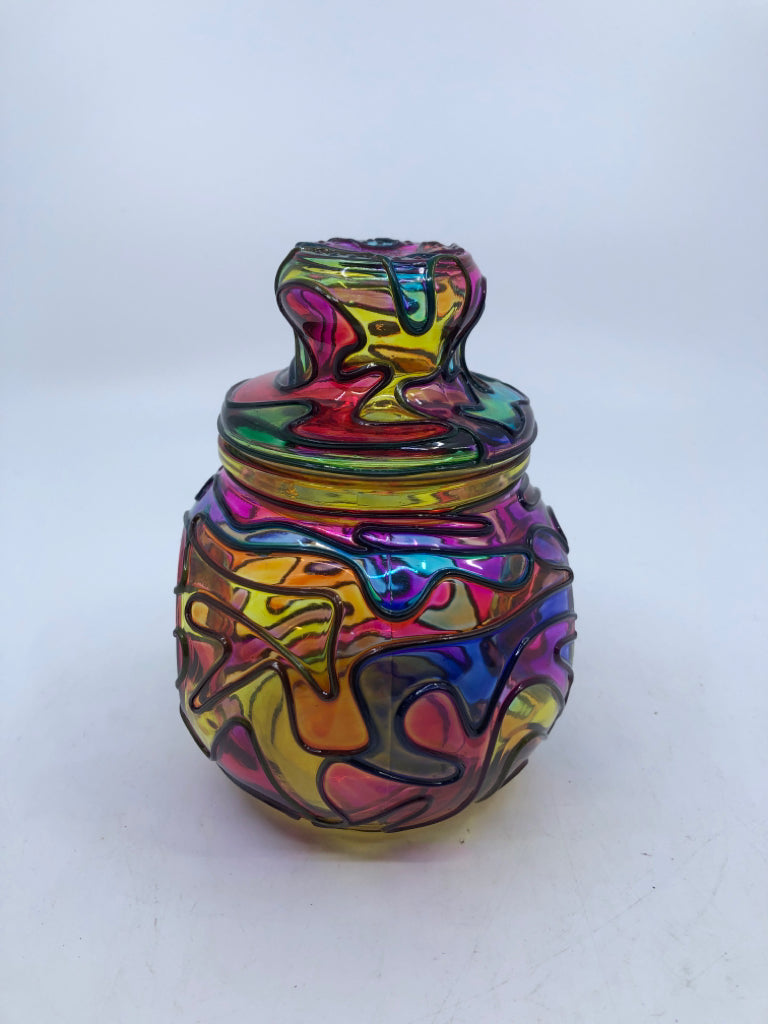 MULTI COLORED GLASS EMPTY CONTAINER W/LID.