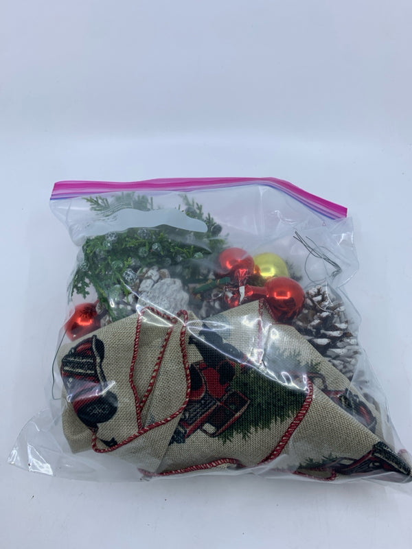 BAG OF WREATH DECOR- TRUCK RIBBON + ORNAMENTS.