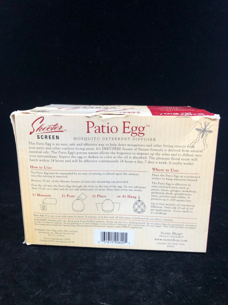 NIB SKEETER SCREEN PATIO EGG MOSQUITO DETERRENT DIFFUSER.