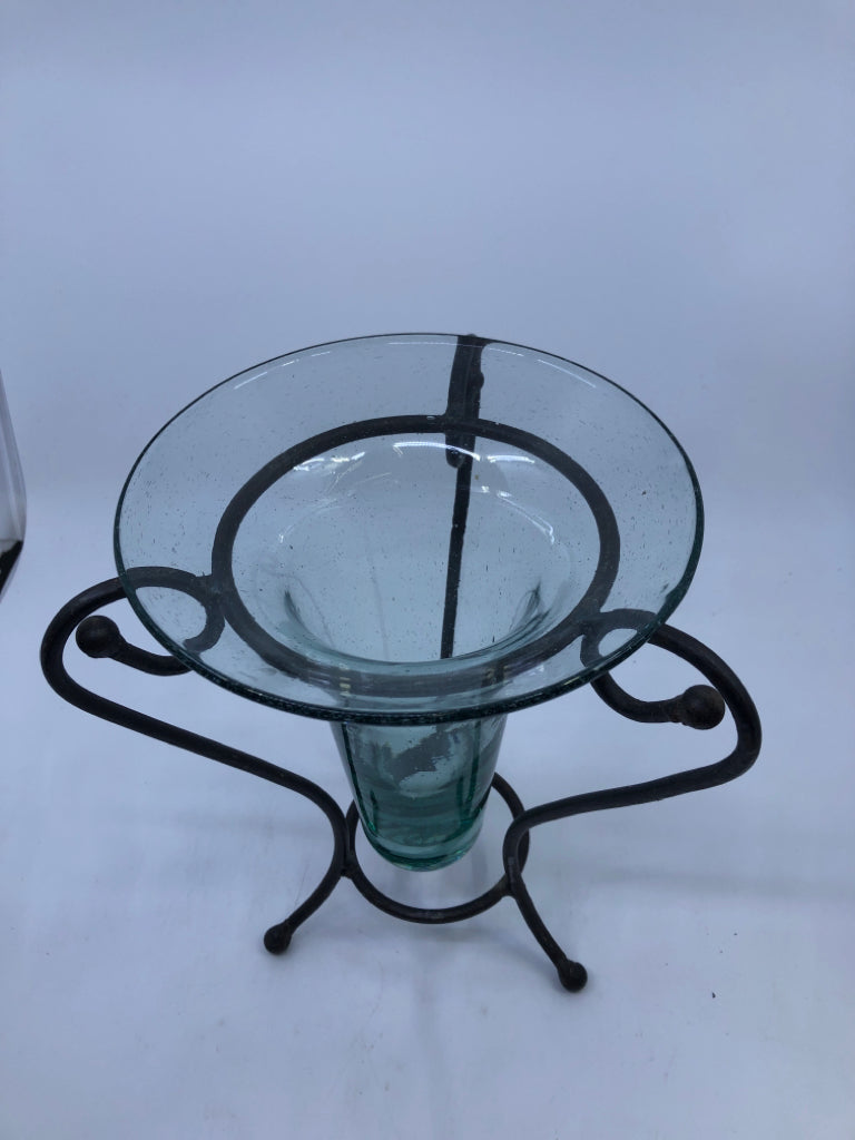 IRON SCROLL BASE, GLASS VASE INSERT.